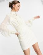 Asos Design High Neck Ruched Mini Dress With Blouson Sleeve And Raw Edge Trim In Cream-white