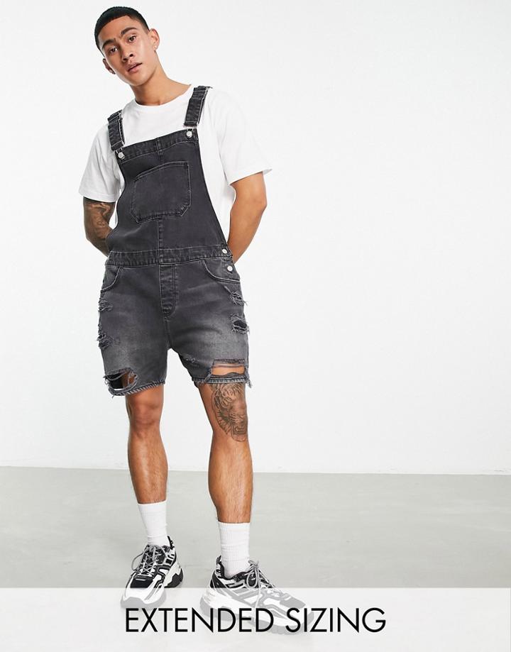 Asos Design Short Denim Overalls In Washed Black With Heavy Rips