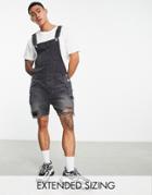 Asos Design Short Denim Overalls In Washed Black With Heavy Rips
