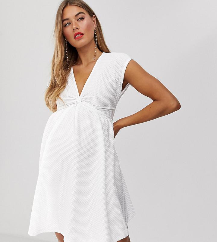 Asos Design Maternity Textured Twist Skater Mini Dress-white