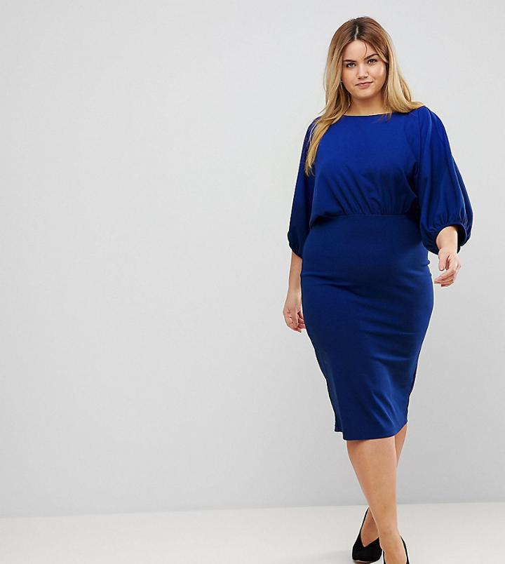 Asos Curve Batwing Pencil Midi Dress - Blue