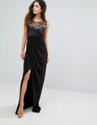 City Goddess Split Front Maxi Dress With Diamonte Detail - Black