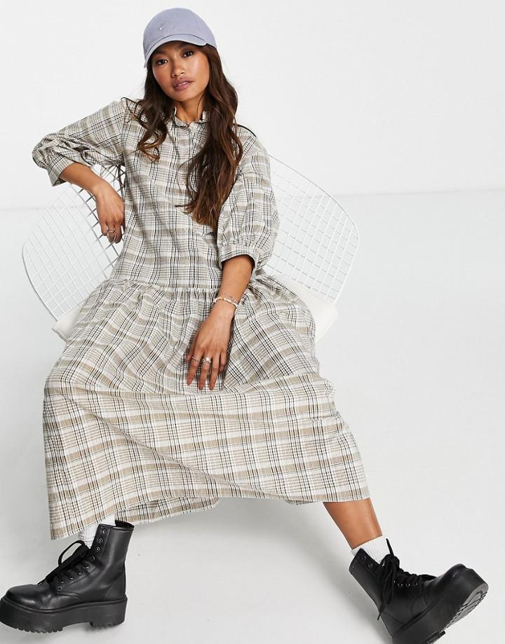 Asos Design Button Through Shirt Midi Smock Dress In Brown White Check-multi