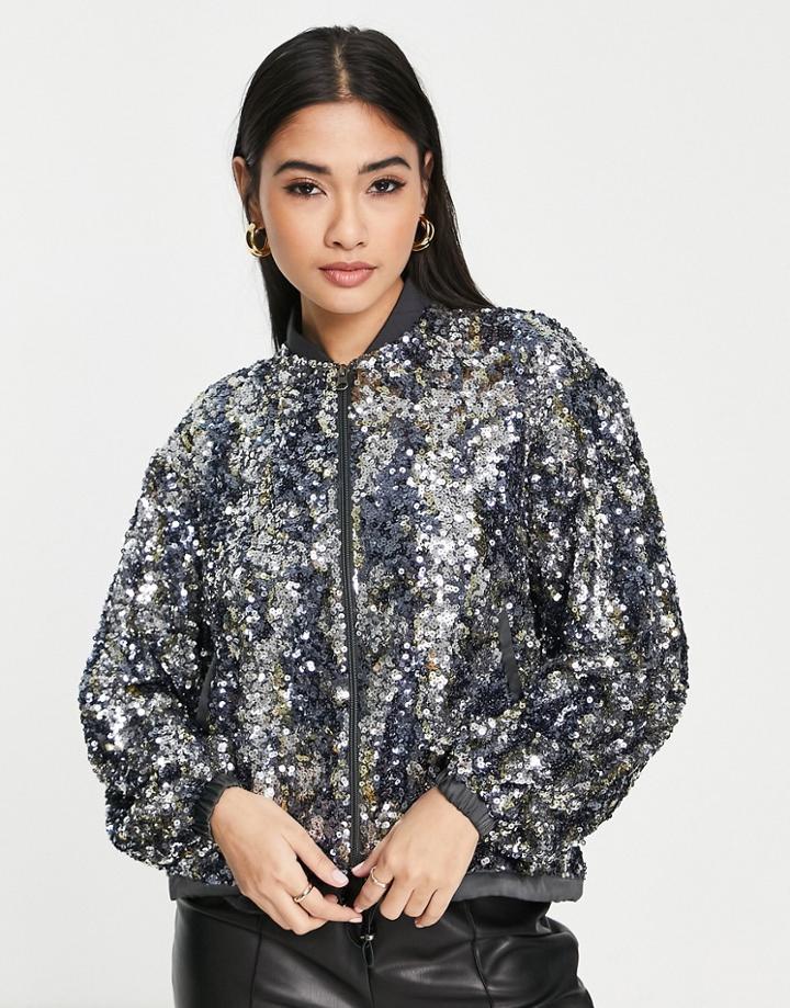 French Connection Binalo Sequin Bomber Jacket In Silver - Part Of A Set