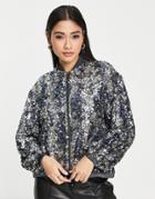 French Connection Binalo Sequin Bomber Jacket In Silver - Part Of A Set