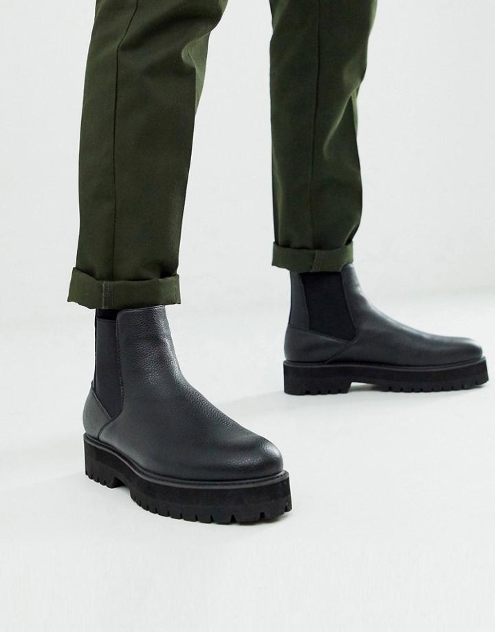 Asos Design Chelsea Boots In Black Faux Leather With Black Chunky Sole