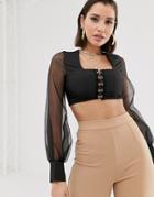 Katchme Sheer Sleeve Crop Top With Hardware Detail In Black