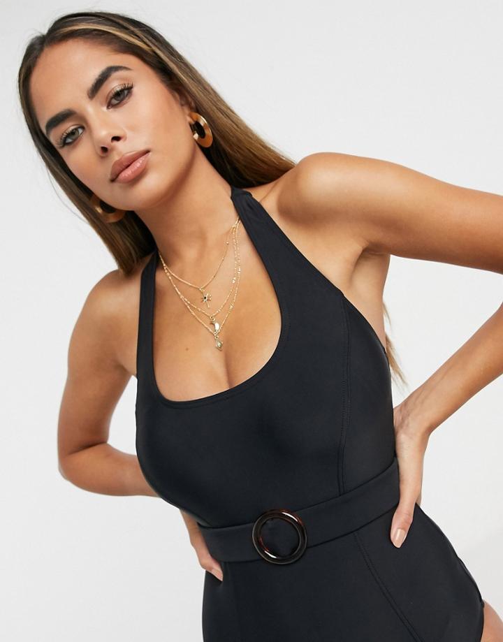 Pour Moi Fuller Bust Belted Halter Swimsuit With Belt In Black