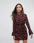 Parisian Floral Print Dress With Flare Sleeve And Tie Waist - Black