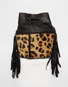 Asos Leather Fringed Leopard Duffle Bag - Black