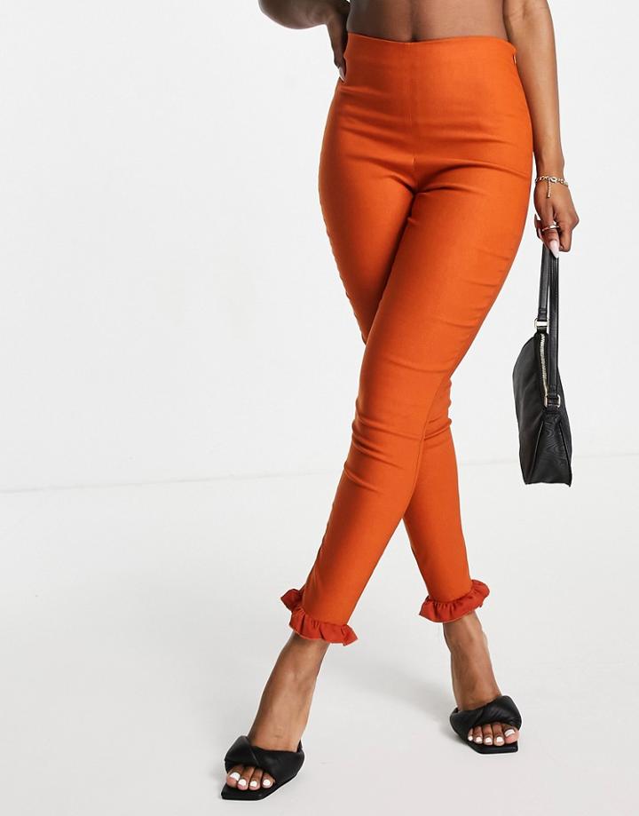 Vesper Slim Pants With Ruffle Detail In Rust - Part Of A Set-orange