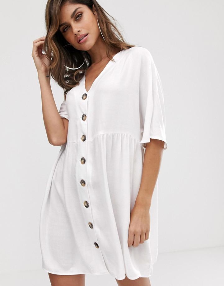 Asos Design V Neck Button Through Mini Smock Dress - White