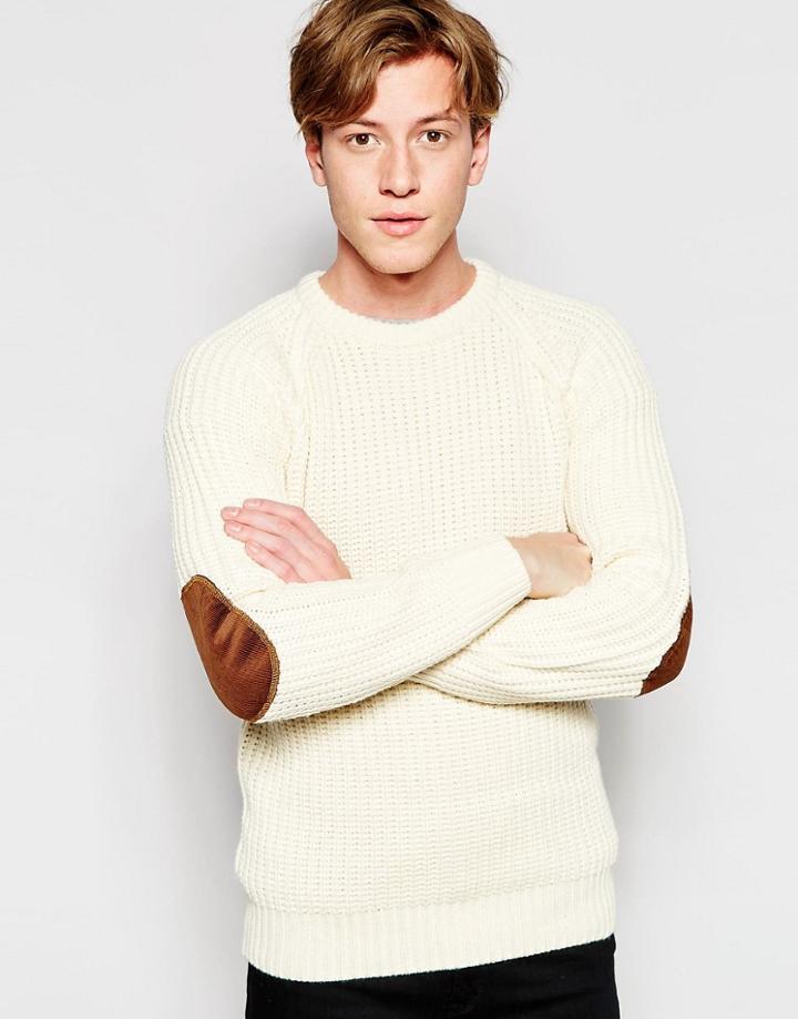 Brave Soul Fisherman Rib Sweater In Crew Neck - Beige