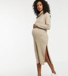 Asos Design Maternity Nursing Chunky Midi Dress With Side Split In Recycled Blend - Beige