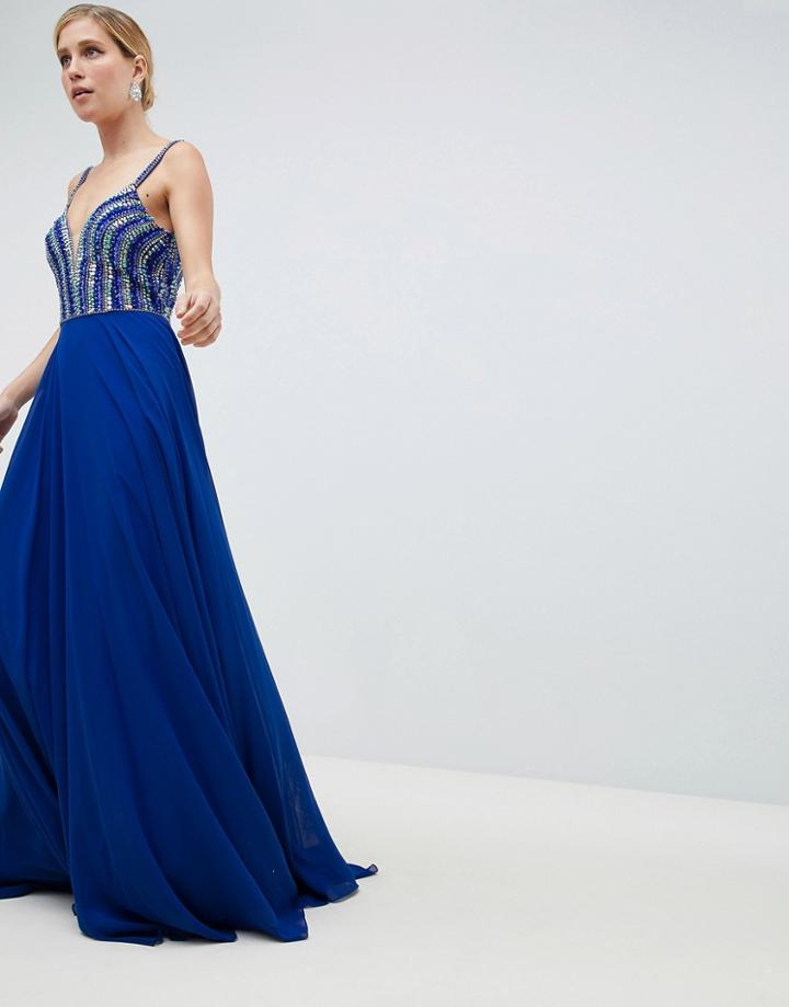 Jovani Deep Plunge Embellished Maxi Dress - Blue