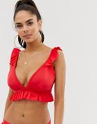 Asos Design Fuller Bust Glam Frill Bikini Top In Red Dd-g - Red