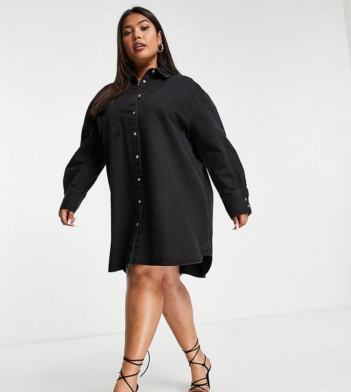 Asos Design Curve Denim Oversized Shirt Dress In Black