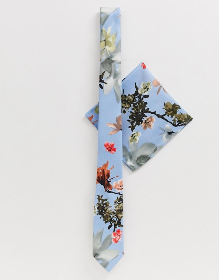 Asos Design Wedding Blue Floral Bow Tie & Pocket Square-multi