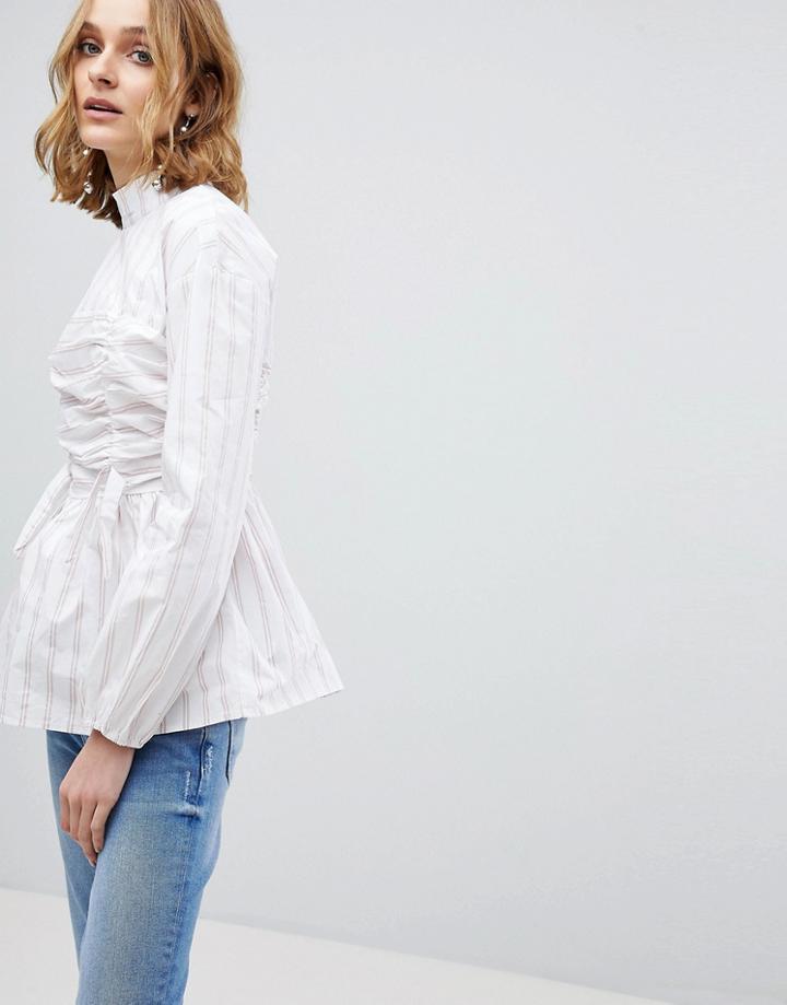 Lost Ink High Neck Blouse With Gathered Tie Front In Stripe - White