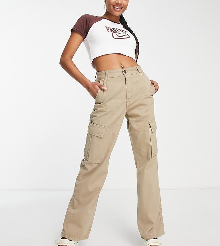 Stradivarius Str Petite Straight Leg Cargo Pants In Stone-neutral