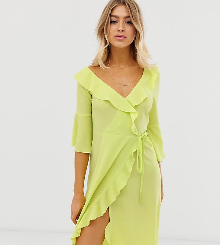 Outrageous Fortune One Shoulder Ruffle Wrap Midi Dress With Fluted Sleeve In Lime - Green