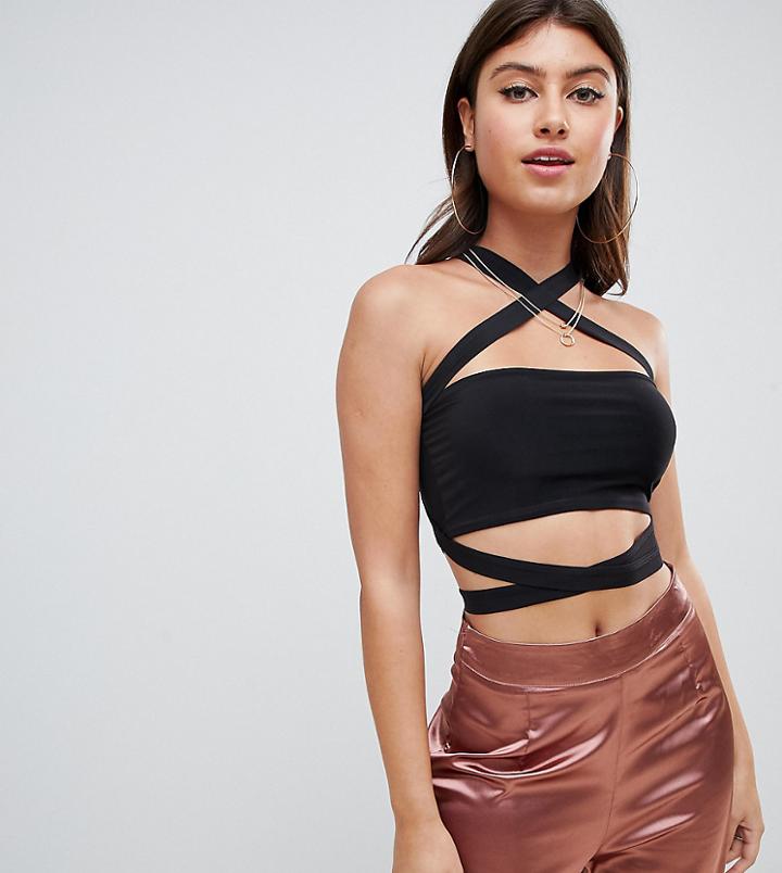 Prettylittlething Basic Slinky Tie Detail Bandeau Top In Black - Black
