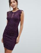 Lipsy Lace Bodycon Dress With Scallop Lace Sleeve - Purple