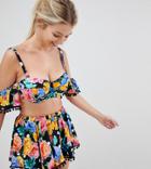Asos Design Fuller Bust Underwired Pom Pom Bardot Bikini Top Dd-g In Spot Floral Print-multi