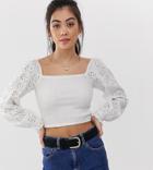 Asos Design Petite Shirred Top With Square Neck And Broderie Sleeve-white