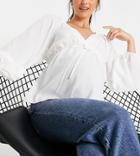 Asos Design Maternity Long Sleeve V Neck Top With Kimono Sleeve And Tie Front In Ivory-white