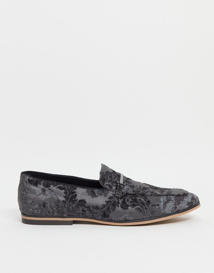 Asos Design Loafers In Gray Velvet Floral Design With Snaffle-grey