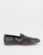 Asos Design Loafers In Gray Velvet Floral Design With Snaffle-grey
