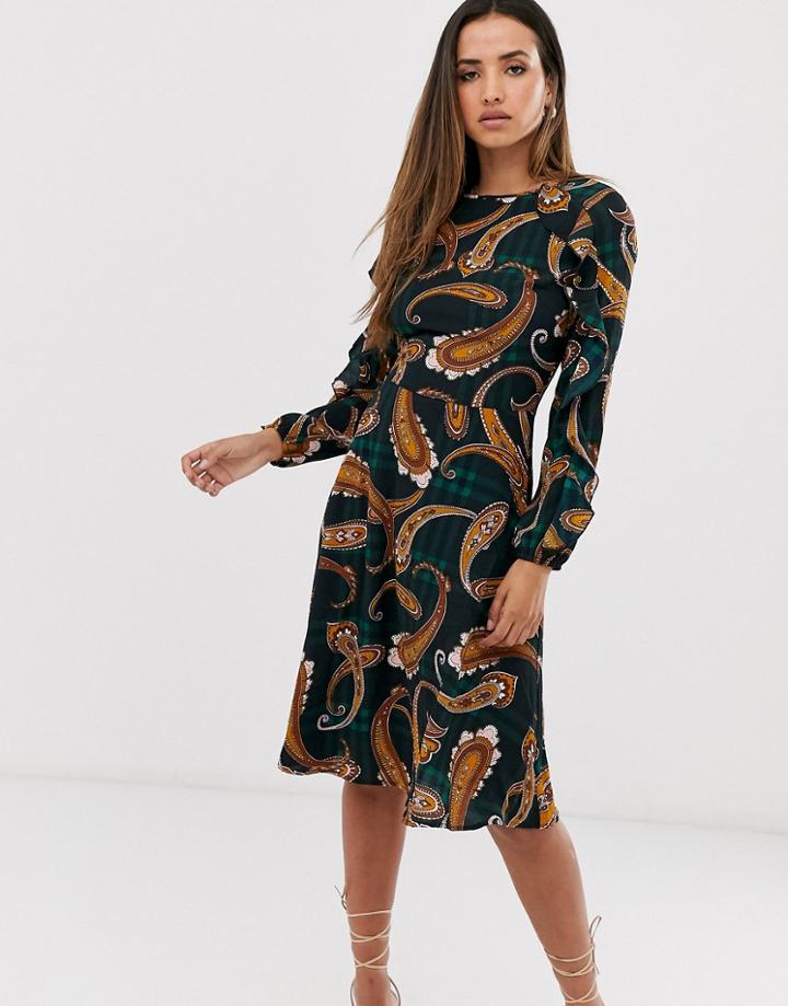 Ax Paris Plaid Paisley Long Sleeve Midi Dress