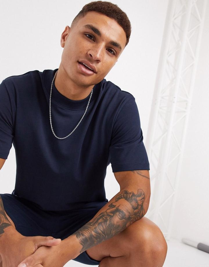 Selected Homme High Neck T-shirt In Heavy Navy Organic Cotton