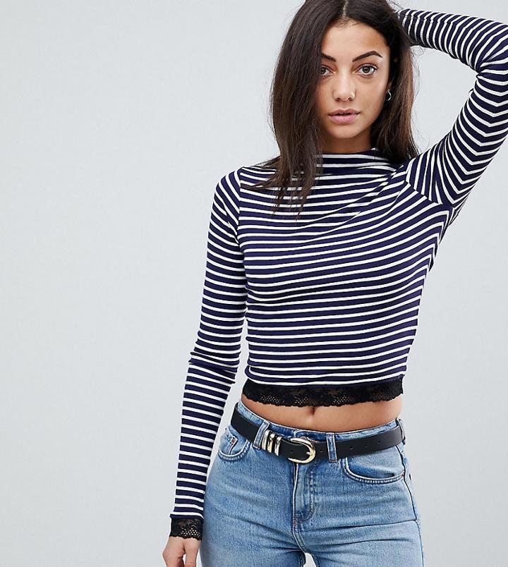 Asos Tall High Neck Polo In Stripe With Lace Trim - Multi