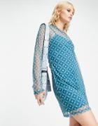 Bolongaro Trevor Long Sleeve Mesh Mini Dress In Light Blue Floral