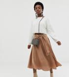 Asos Design Petite Satin Midi Skirt With Self Belt-brown