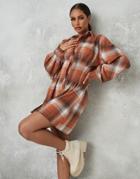 Missguided Shirt Dress With Pleated Waist In Rust Check-orange