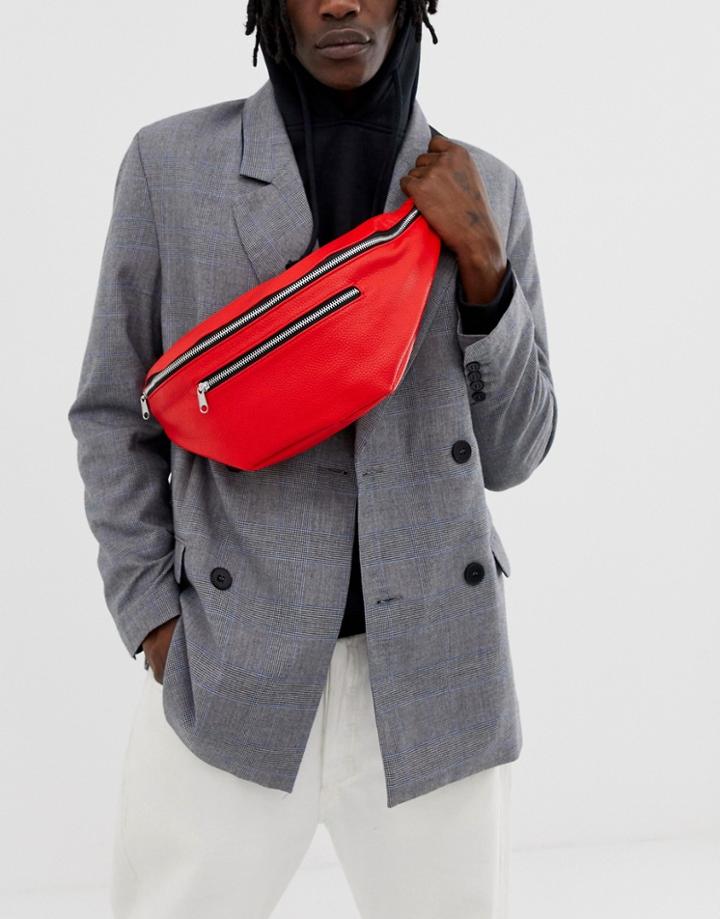 Asos Design Large Faux Leather Cross Body Fanny Pack In Red With Zip - Red