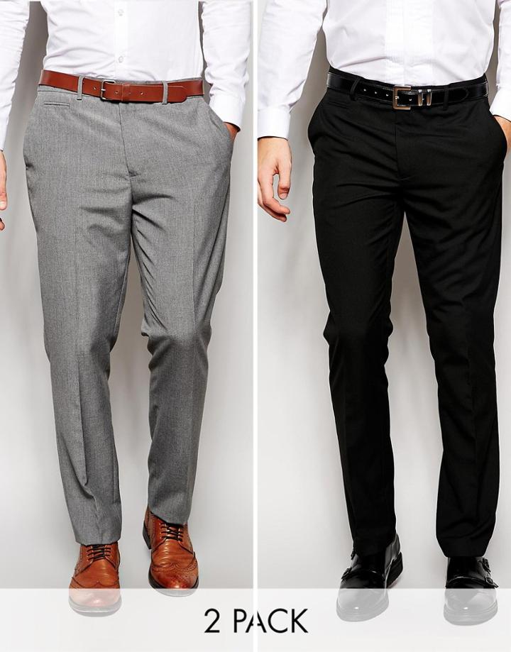 Asos 2 Pack Slim Smart Pants In Black And Gray Save 17% - Multi