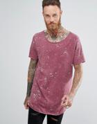 Asos Super Longline T-shirt With Curved Hem And Scoop Neck In Bleach Wash - Red