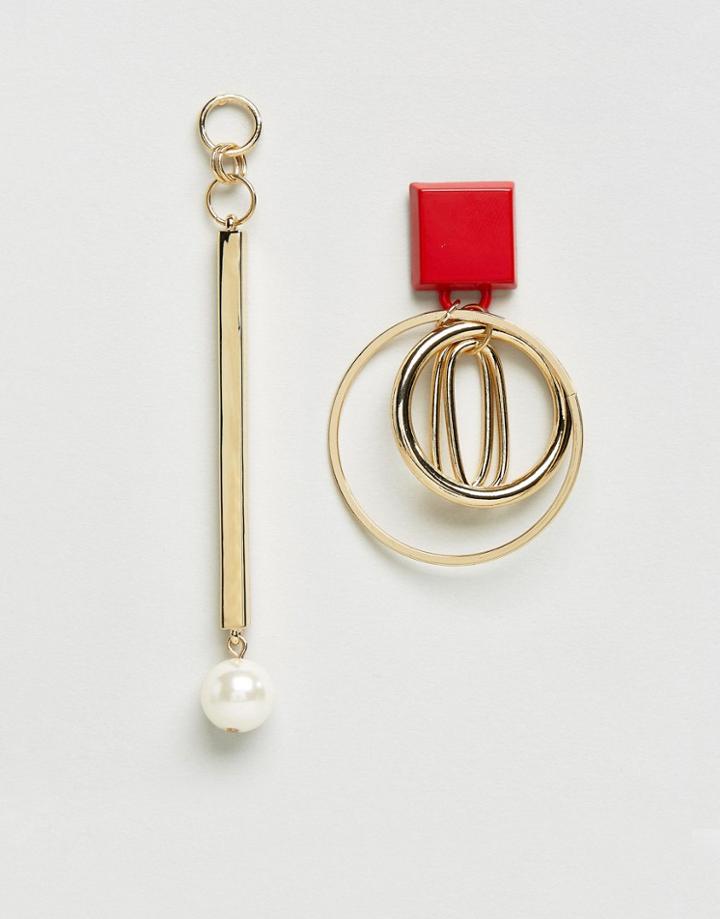 Asos Interlocking Hoop And Pearl Stick Mismatch Earrings - Gold