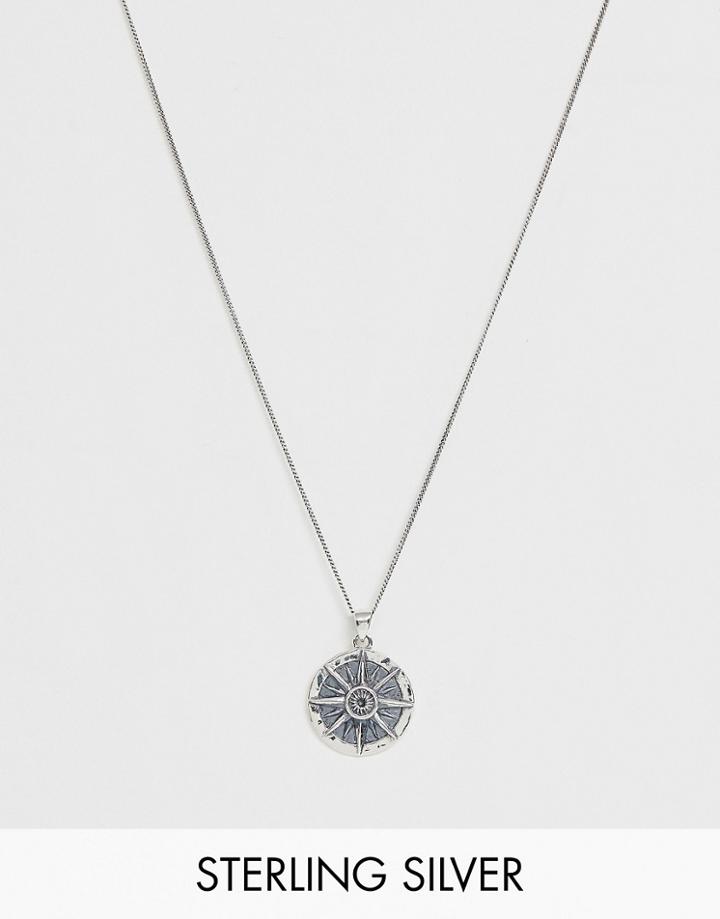 Asos Design Sterling Silver Necklace With Compass Pendant