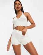 Asos Design Crochet Shorts In Cream - Part Of A Set-white