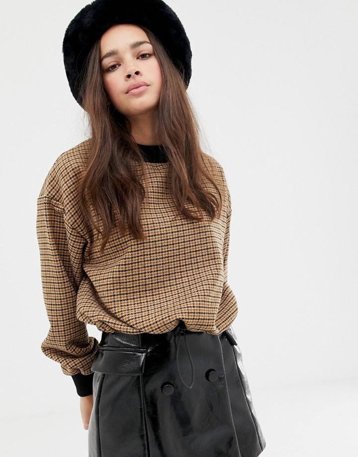 Bershka Check Sweat Top With Toggle - Brown