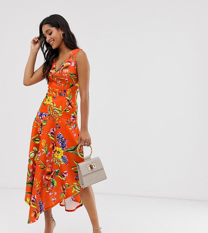 True Violet Hi-low Midi Skater Dress In Red Floral-black