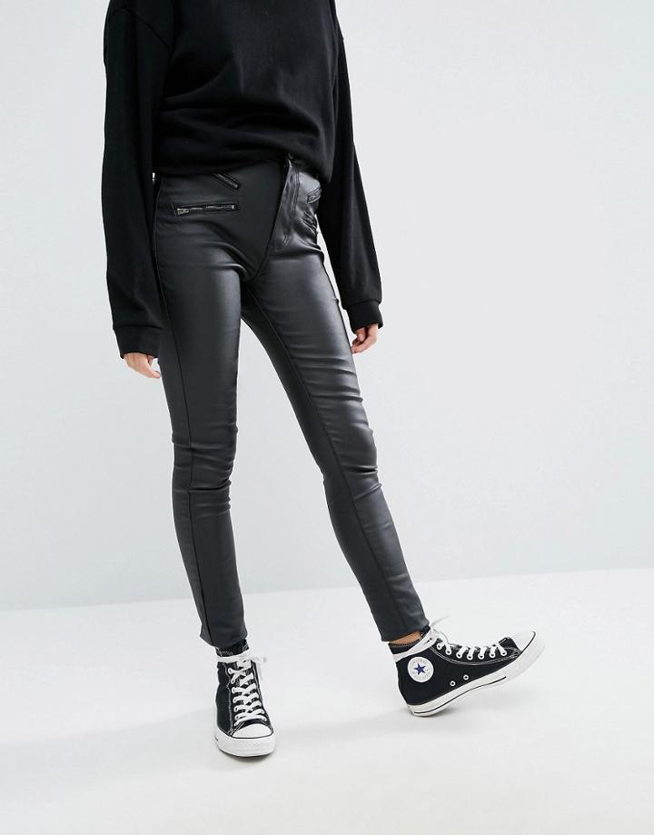 Liquor & Poker High Waisted Double Zipped Waxed Skinny Jeans - Black