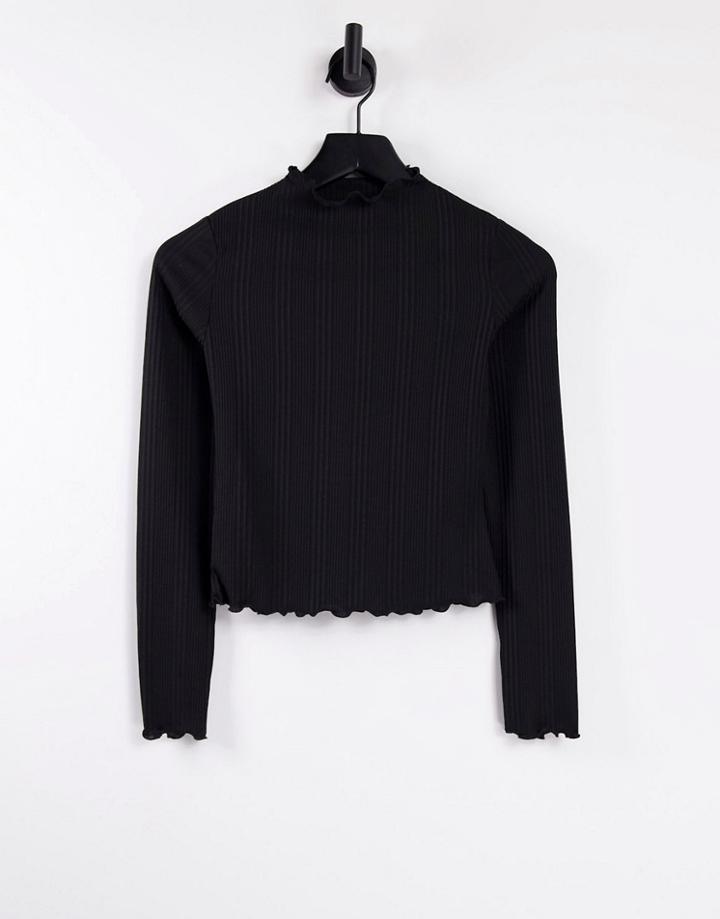 Urban Revivo Long Sleeve Lettuce Hem Top In Black