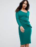 City Goddess Long Sleeve Pencil Dress With Ruched Detail - Green