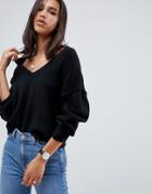 Asos Design Fluffy Sweater With V Neck - Black